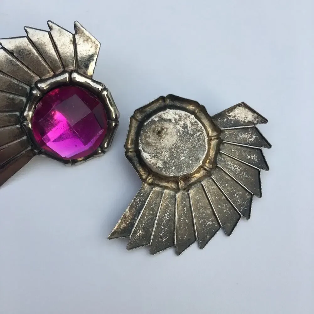 80s style purple accent chrome wing post earrings